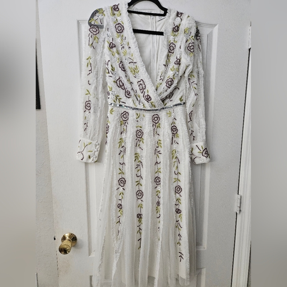 Mac Duggal ivory multi V-Neck Embellished Midi-Dress Sz 4 nwt - Picture 4 of 16